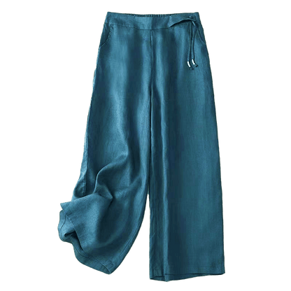 Buddha Stones Casual Solid Color One Button Women's Capri Wide Leg Pants With Pockets