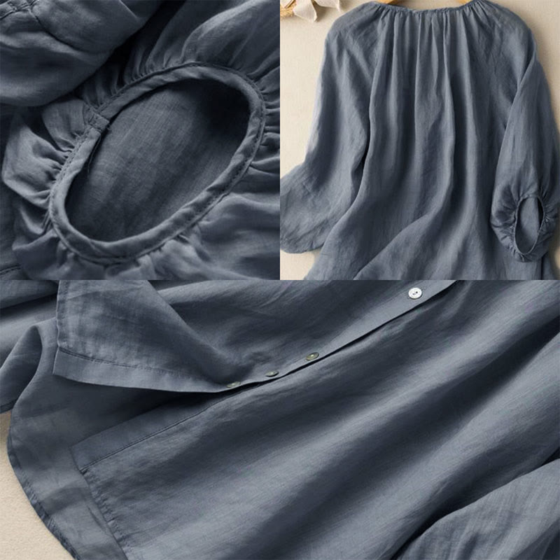 Buddha Stones Vintage Button Three Quarter Puff Sleeve V-Neck Women's Shirt