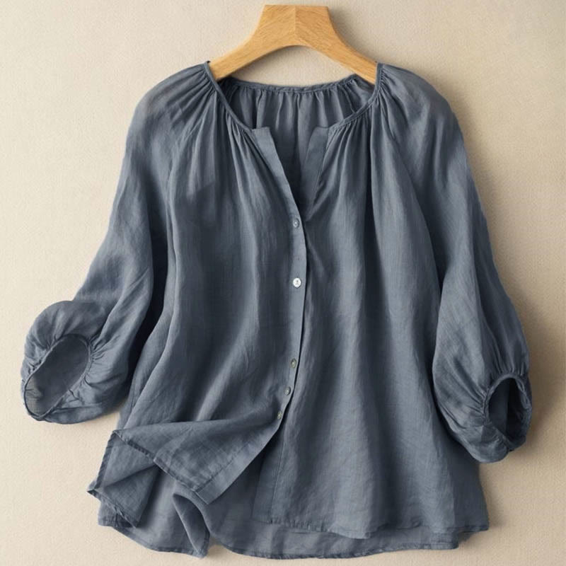 Buddha Stones Vintage Button Three Quarter Puff Sleeve V-Neck Women's Shirt