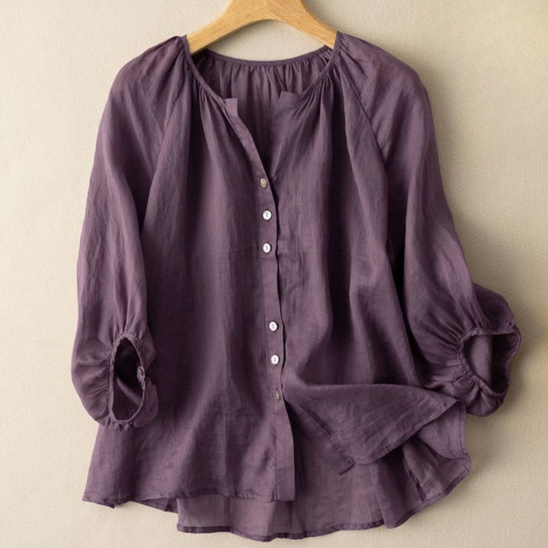 Buddha Stones Vintage Button Three Quarter Puff Sleeve V-Neck Women's Shirt