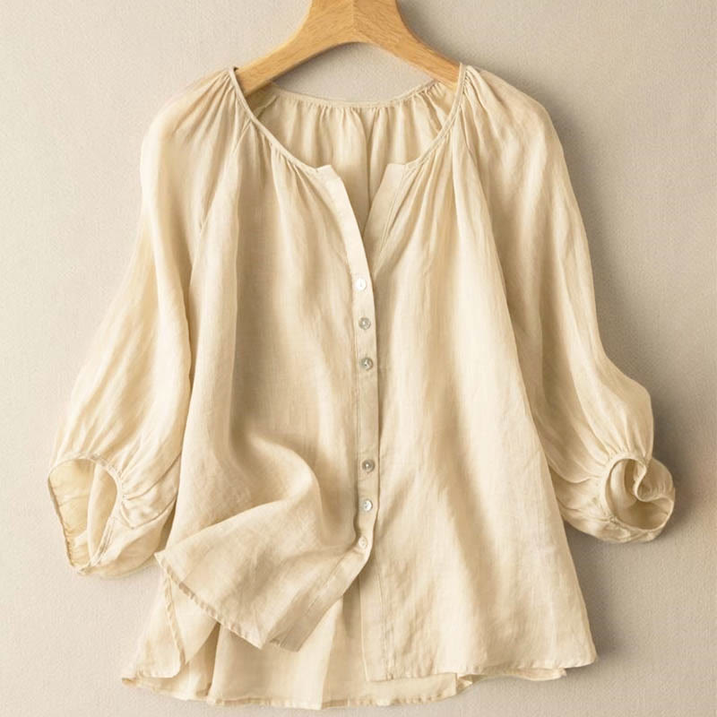 Buddha Stones Vintage Button Three Quarter Puff Sleeve V-Neck Women's Shirt