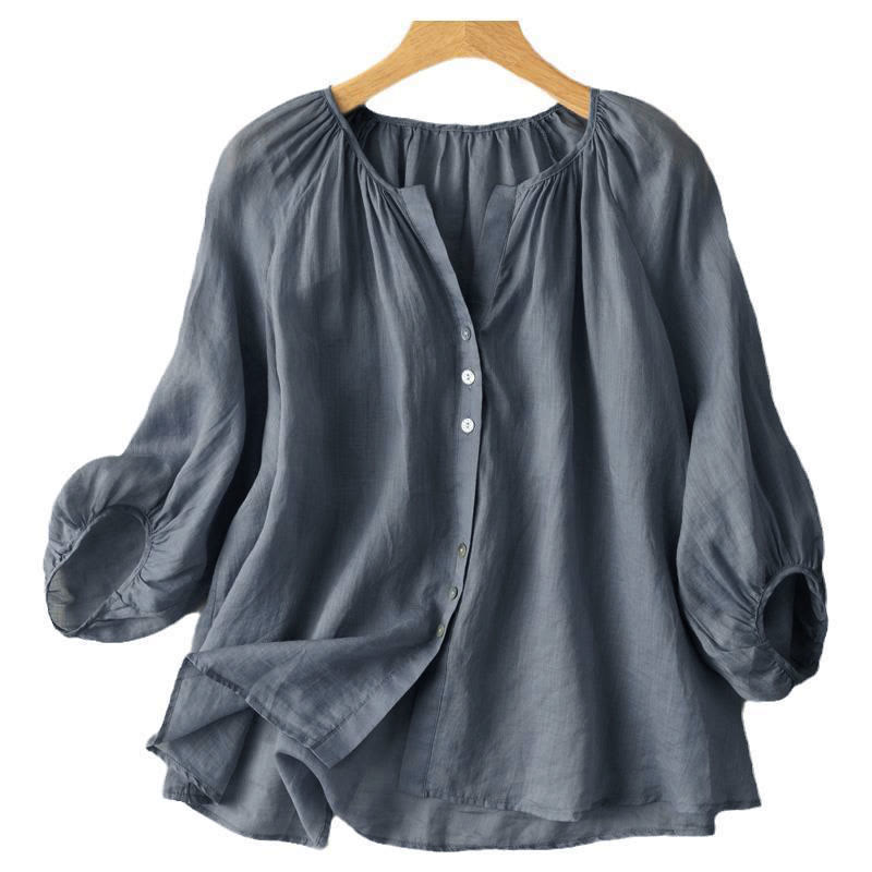 Buddha Stones Vintage Button Three Quarter Puff Sleeve V-Neck Women's Shirt