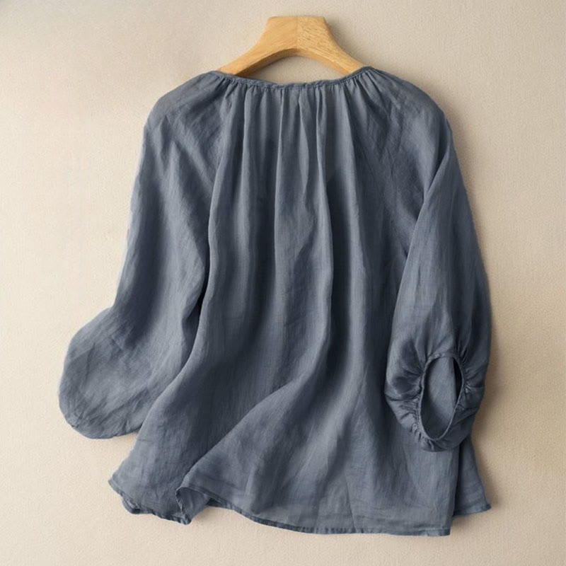 Buddha Stones Vintage Button Three Quarter Puff Sleeve V-Neck Women's Shirt
