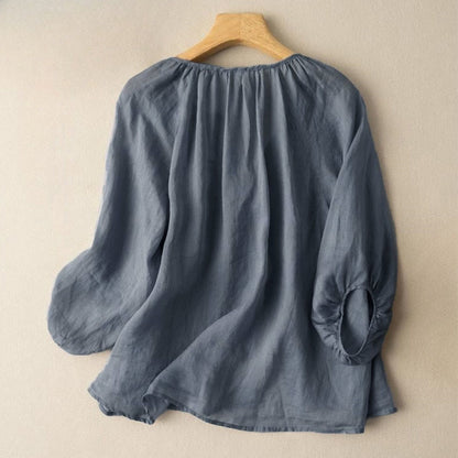 Buddha Stones Vintage Button Three Quarter Puff Sleeve V-Neck Women's Shirt