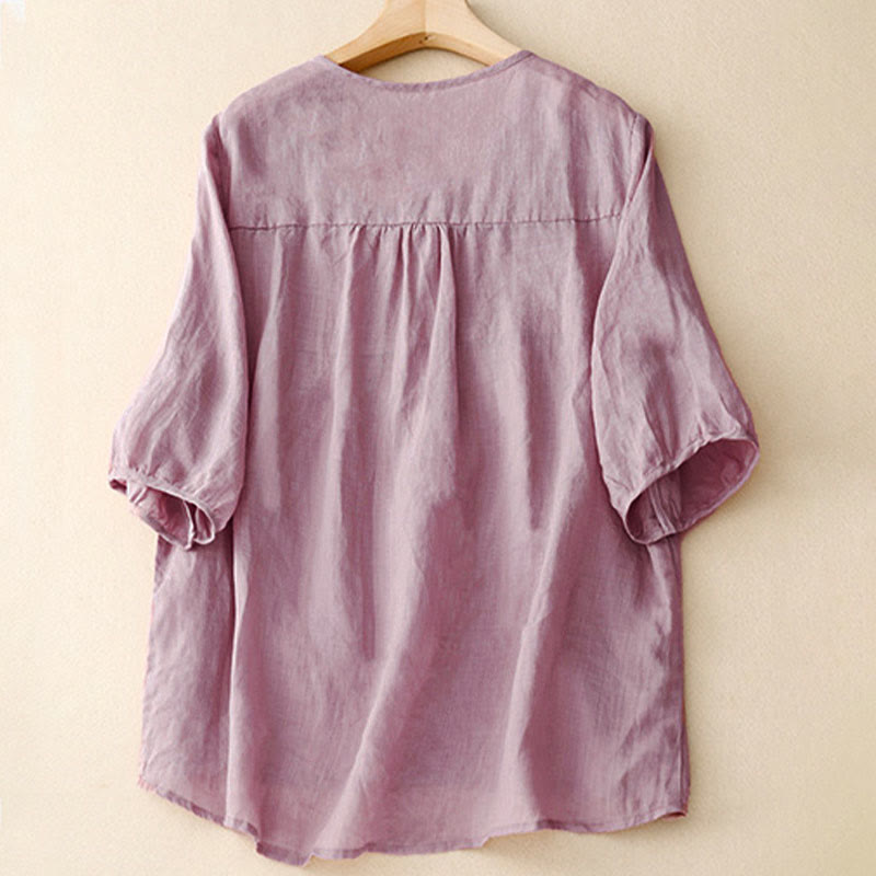 Buddha Stones Casual Plain Loose Women's V-Neck Design Half Sleeve Shirt