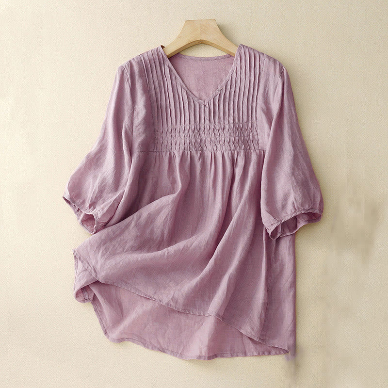 Buddha Stones Casual Plain Loose Women's V-Neck Design Half Sleeve Shirt