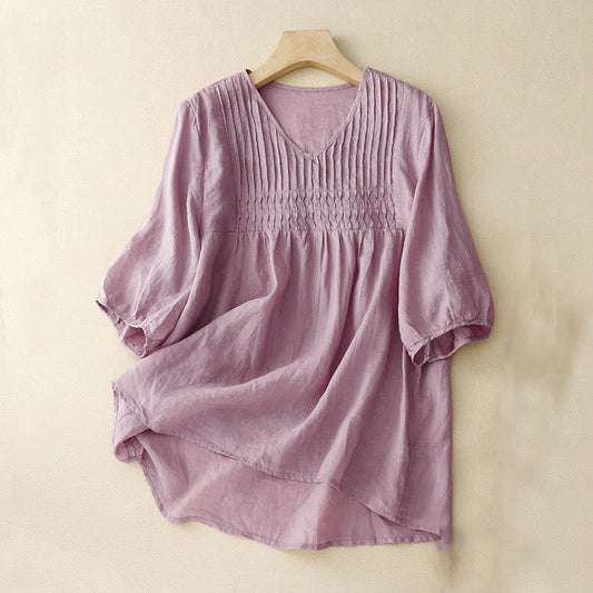 Buddha Stones Casual Plain Loose Women's V-Neck Design Half Sleeve Shirt