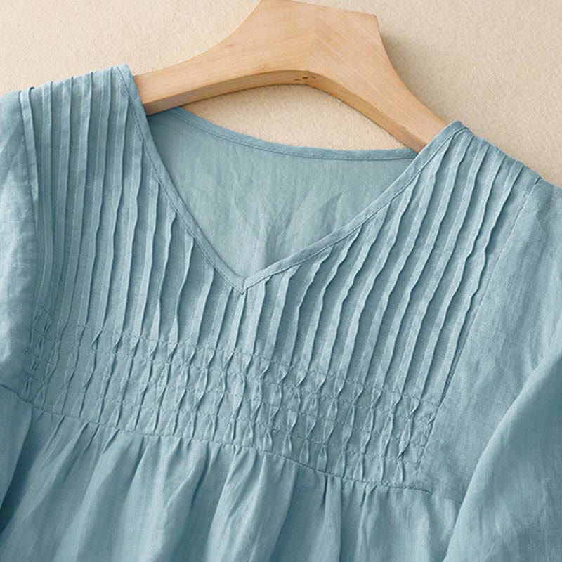 Buddha Stones Casual Plain Loose Women's V-Neck Design Half Sleeve Shirt