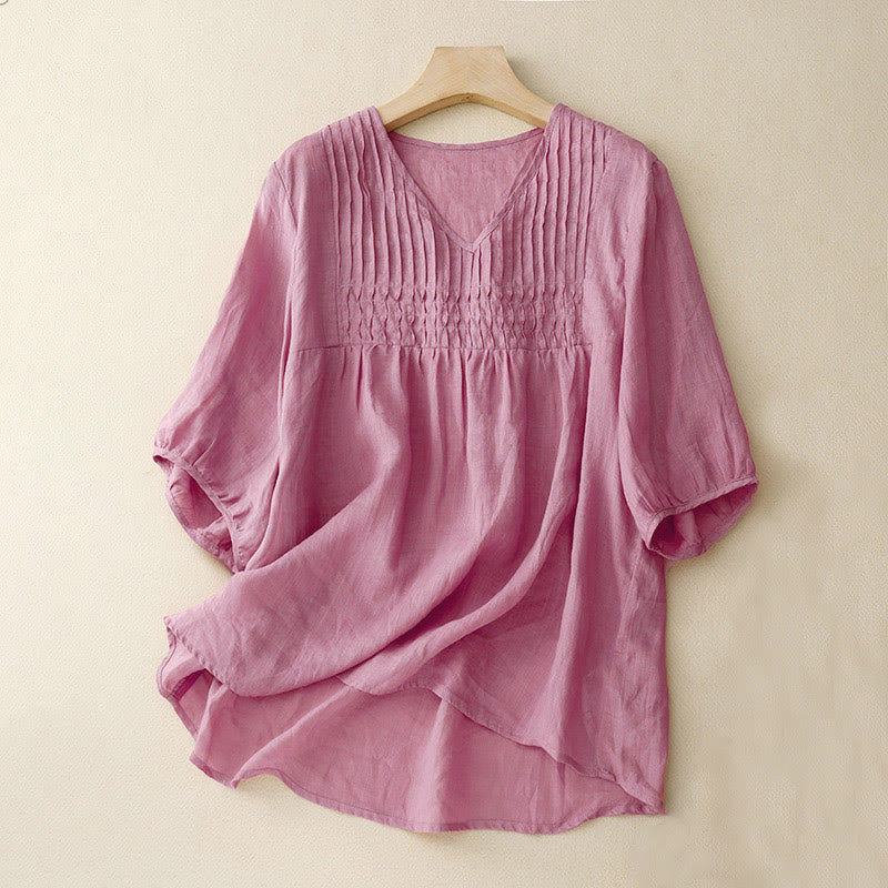 Buddha Stones Casual Plain Loose Women's V-Neck Design Half Sleeve Shirt