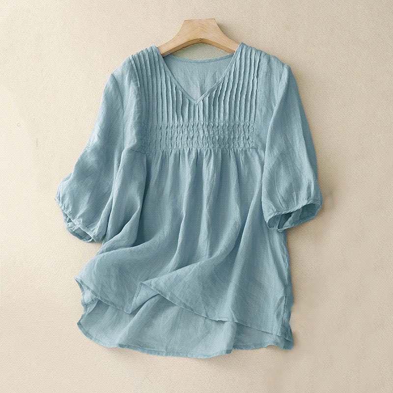 Buddha Stones Casual Plain Loose Women's V-Neck Design Half Sleeve Shirt