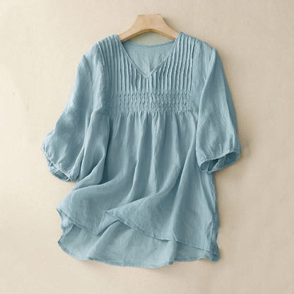 Buddha Stones Casual Plain Loose Women's V-Neck Design Half Sleeve Shirt