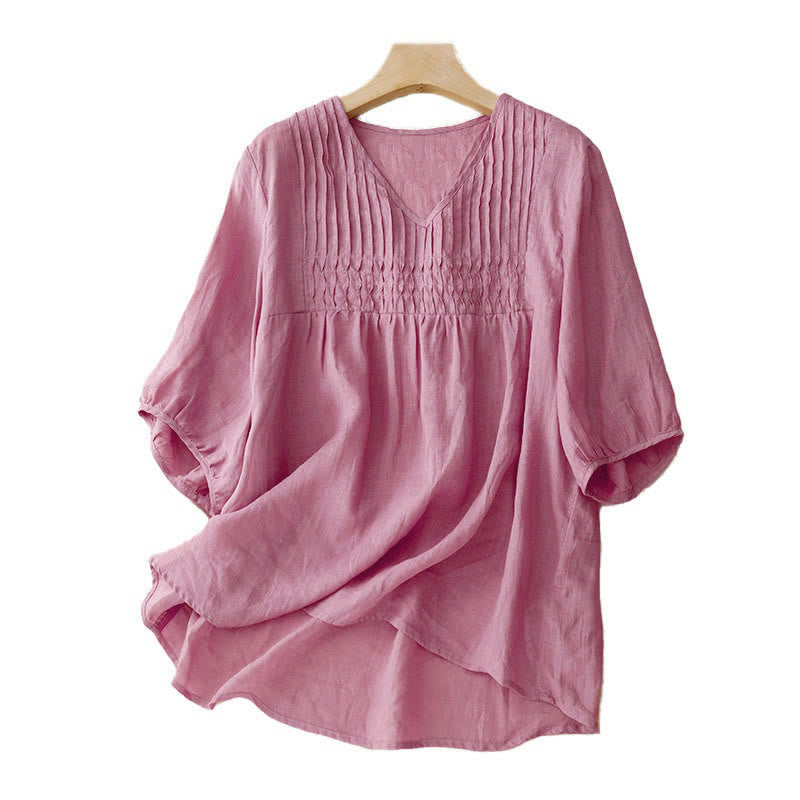 Buddha Stones Casual Plain Loose Women's V-Neck Design Half Sleeve Shirt