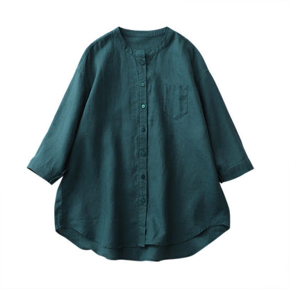 Buddha Stones Solid Color Button Three Quarter Sleeve Shirt