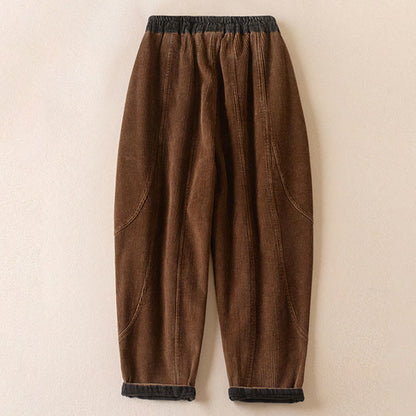 Buddha Stones Color Contrast Corduroy Cotton Women's Thermal Fleece-Lined Harem Pants With Pockets
