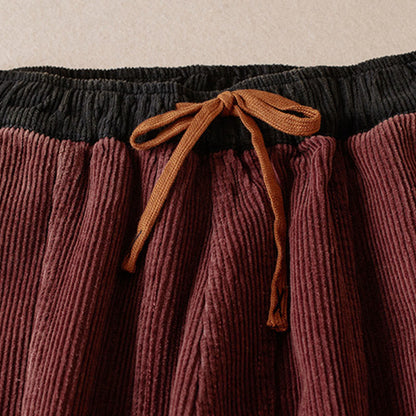 Buddha Stones Color Contrast Corduroy Cotton Women's Thermal Fleece-Lined Harem Pants With Pockets