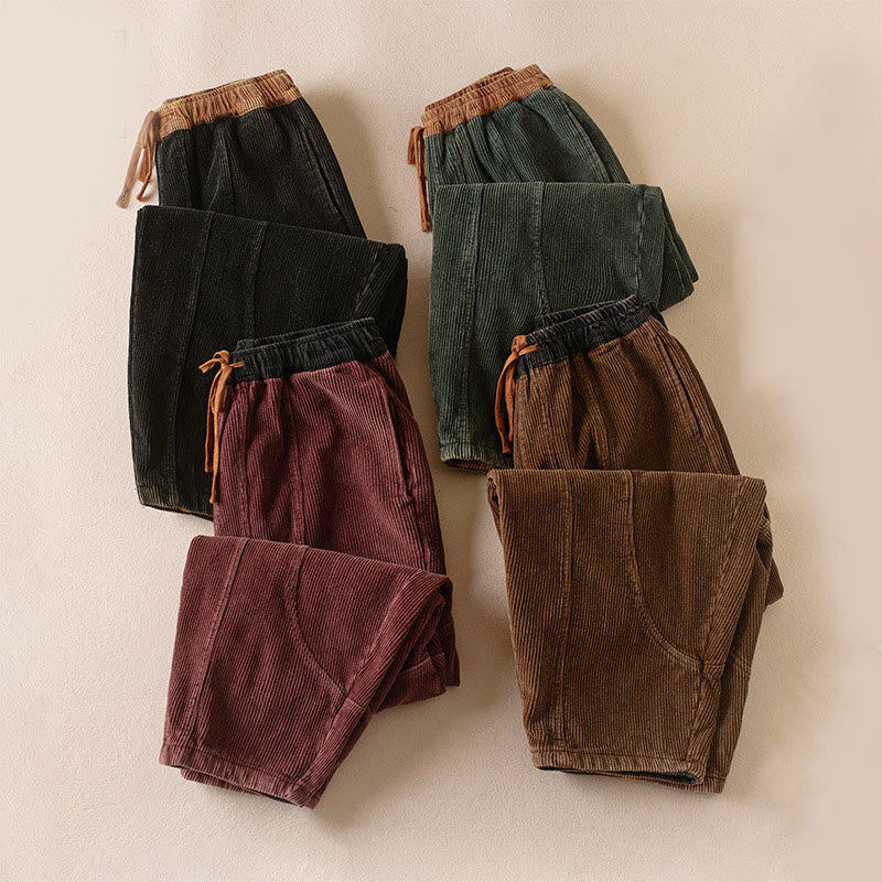Buddha Stones Color Contrast Corduroy Cotton Women's Thermal Fleece-Lined Harem Pants With Pockets