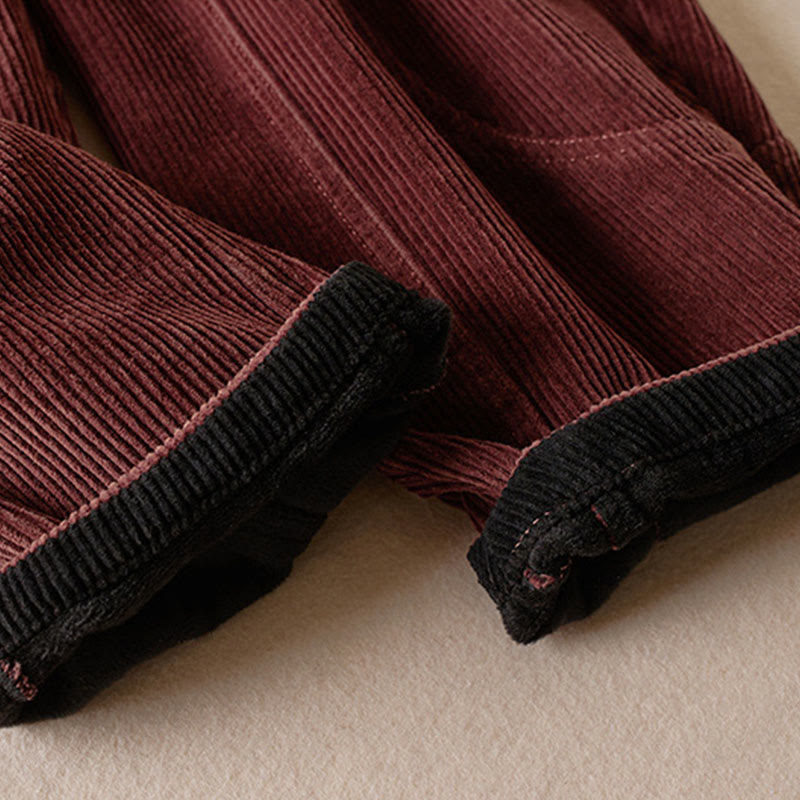 Buddha Stones Color Contrast Corduroy Cotton Women's Thermal Fleece-Lined Harem Pants With Pockets