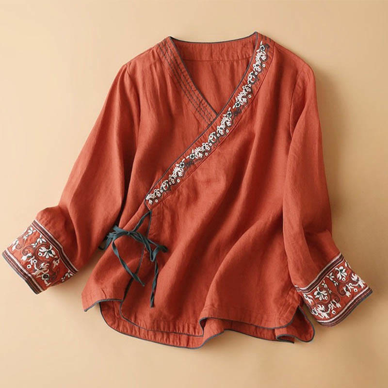 Buddha Stones Casual Embroidered Flowers Slant Collar Strap Long Sleeve Women's Shirt