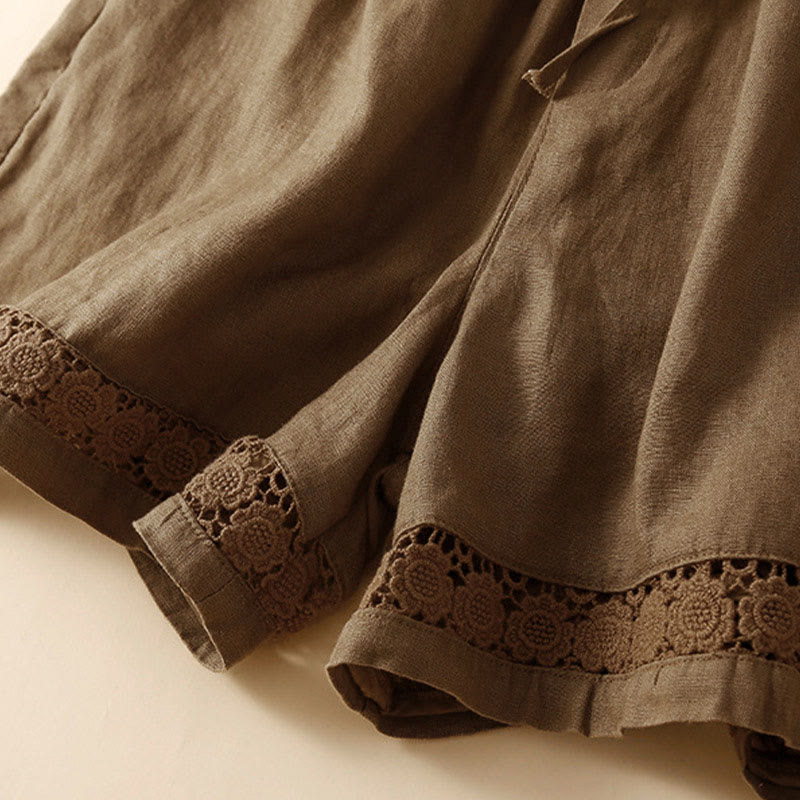 Buddha Stones Plain Color Bottom Hollow Lace Design Lace-up Cotton Women's Shorts With Pockets