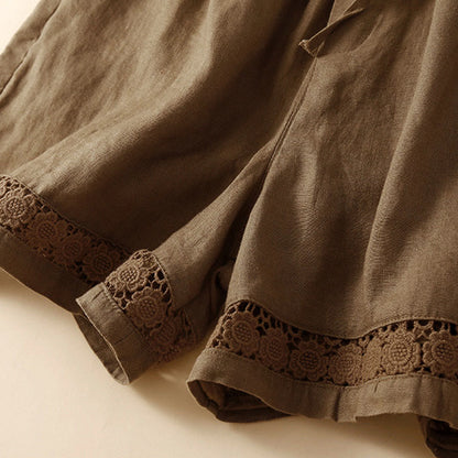 Buddha Stones Plain Color Bottom Hollow Lace Design Lace-up Cotton Women's Shorts With Pockets