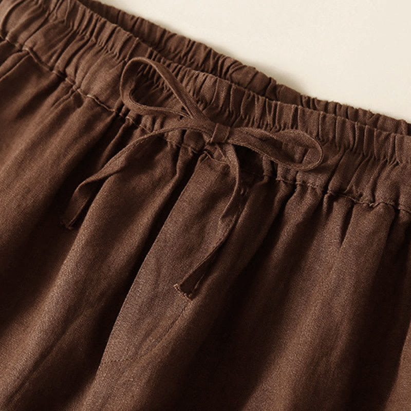 Buddha Stones Plain Color Bottom Hollow Lace Design Lace-up Cotton Women's Shorts With Pockets
