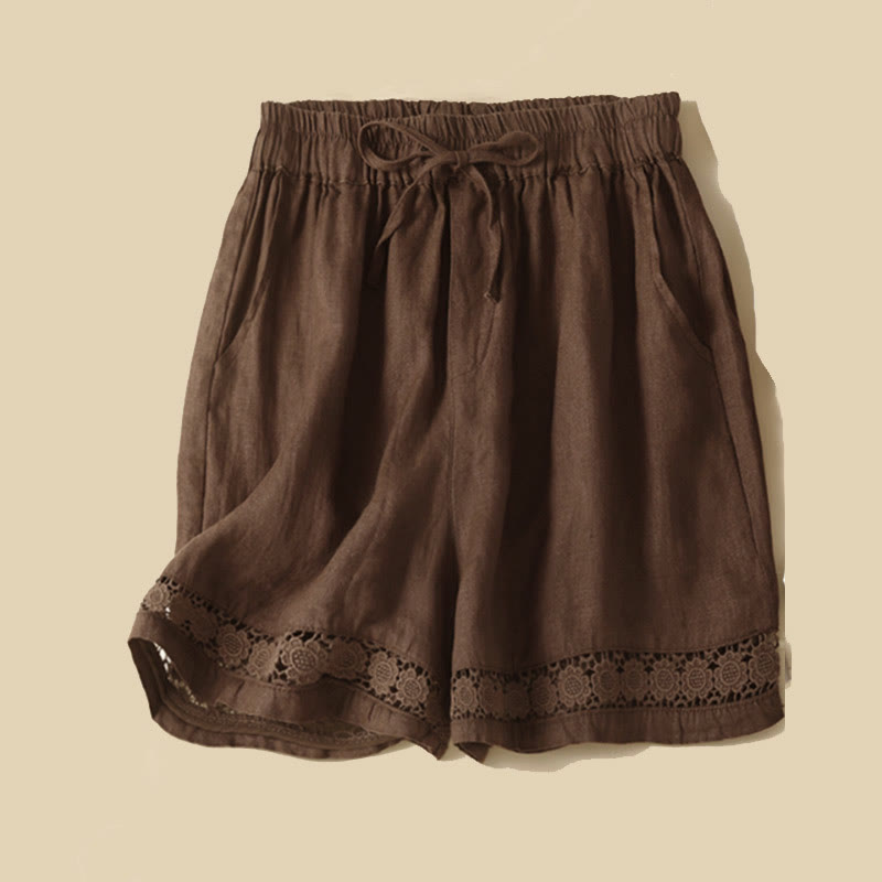Buddha Stones Plain Color Bottom Hollow Lace Design Lace-up Cotton Women's Shorts With Pockets