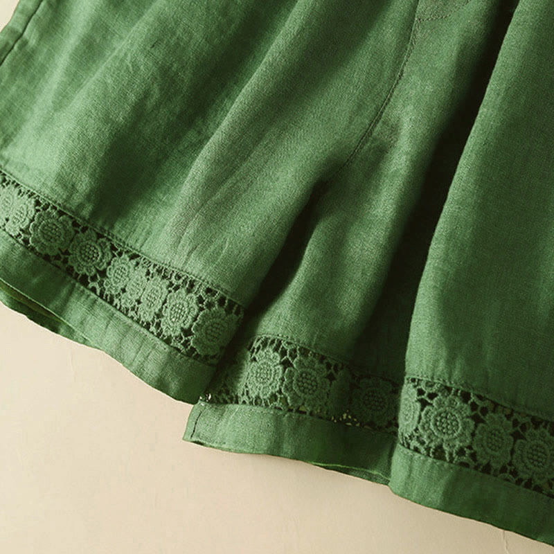 Buddha Stones Plain Color Bottom Hollow Lace Design Lace-up Cotton Women's Shorts With Pockets