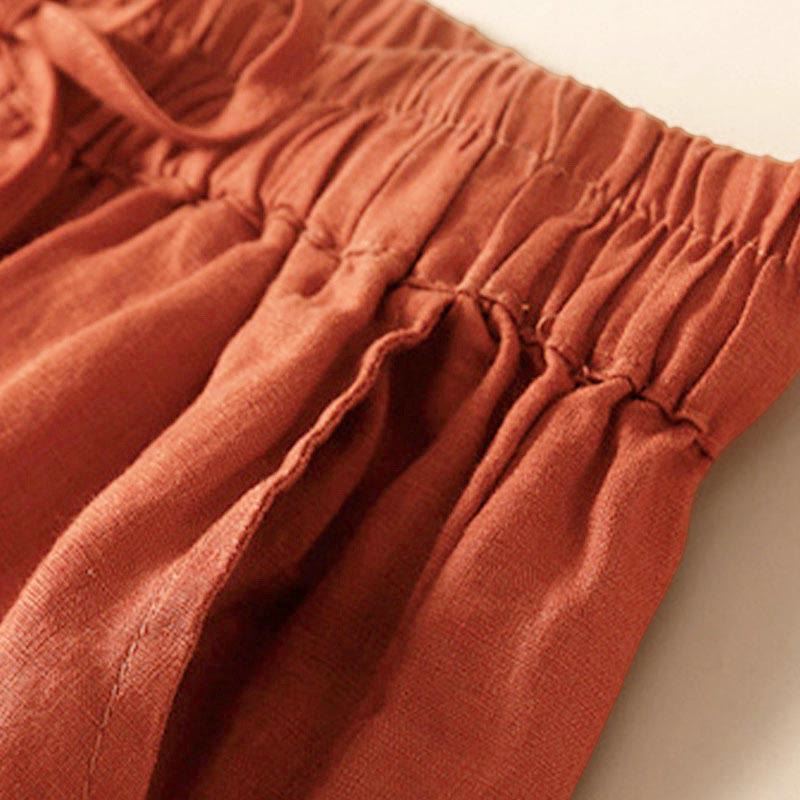 Buddha Stones Plain Color Bottom Hollow Lace Design Lace-up Cotton Women's Shorts With Pockets