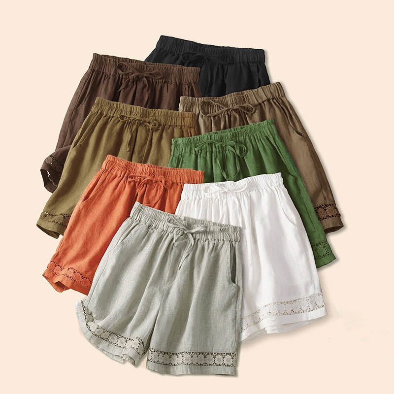Buddha Stones Plain Color Bottom Hollow Lace Design Lace-up Cotton Women's Shorts With Pockets