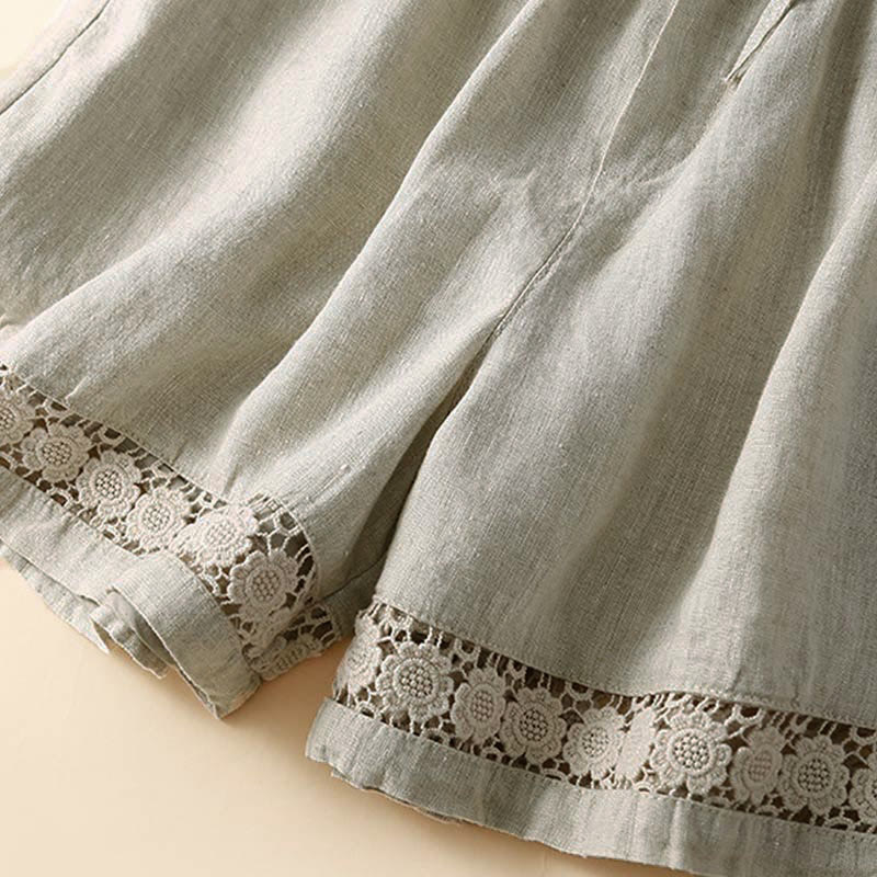 Buddha Stones Plain Color Bottom Hollow Lace Design Lace-up Cotton Women's Shorts With Pockets