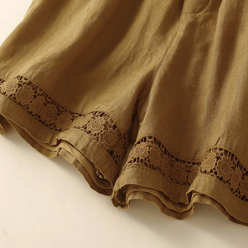 Buddha Stones Plain Color Bottom Hollow Lace Design Lace-up Cotton Women's Shorts With Pockets