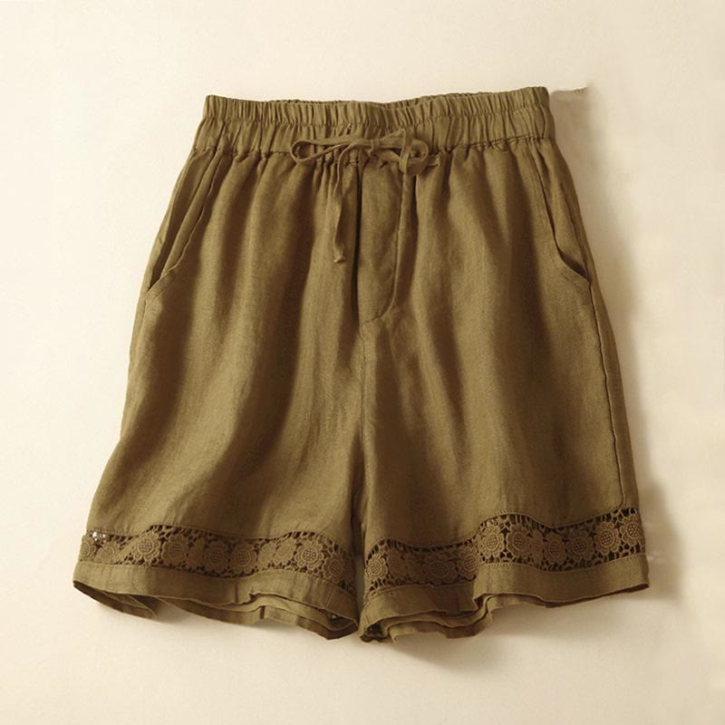 Buddha Stones Plain Color Bottom Hollow Lace Design Lace-up Cotton Women's Shorts With Pockets
