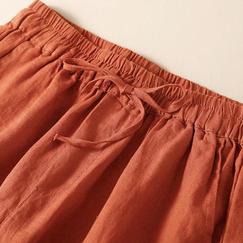 Buddha Stones Plain Color Bottom Hollow Lace Design Lace-up Cotton Women's Shorts With Pockets