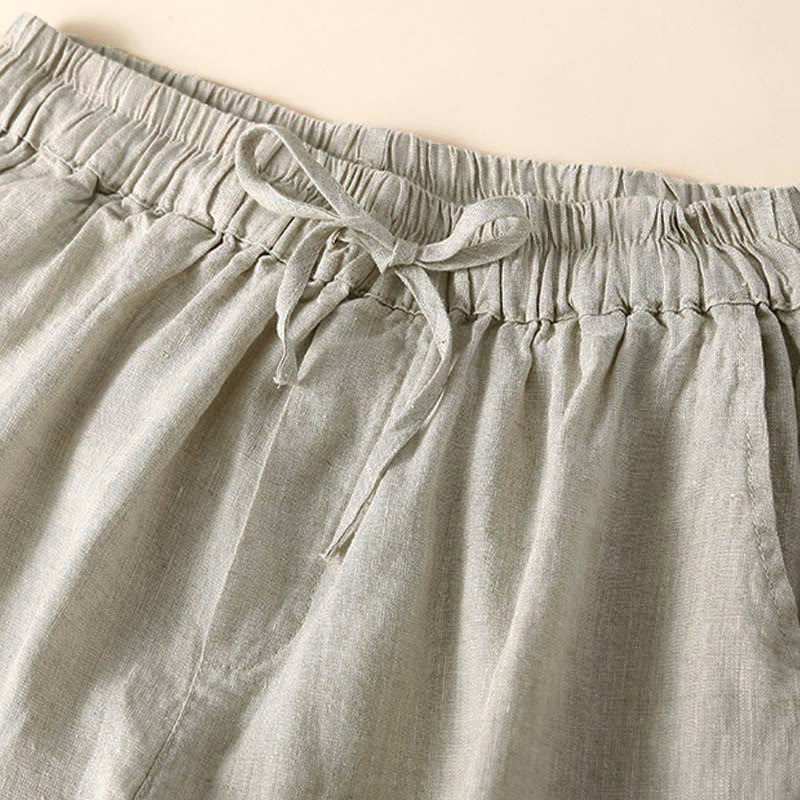 Buddha Stones Plain Color Bottom Hollow Lace Design Lace-up Cotton Women's Shorts With Pockets