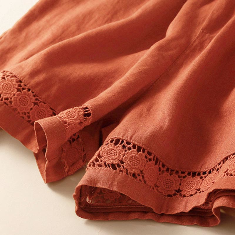Buddha Stones Plain Color Bottom Hollow Lace Design Lace-up Cotton Women's Shorts With Pockets