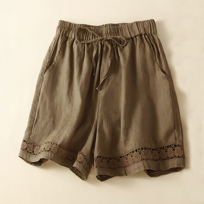 Buddha Stones Plain Color Bottom Hollow Lace Design Lace-up Cotton Women's Shorts With Pockets