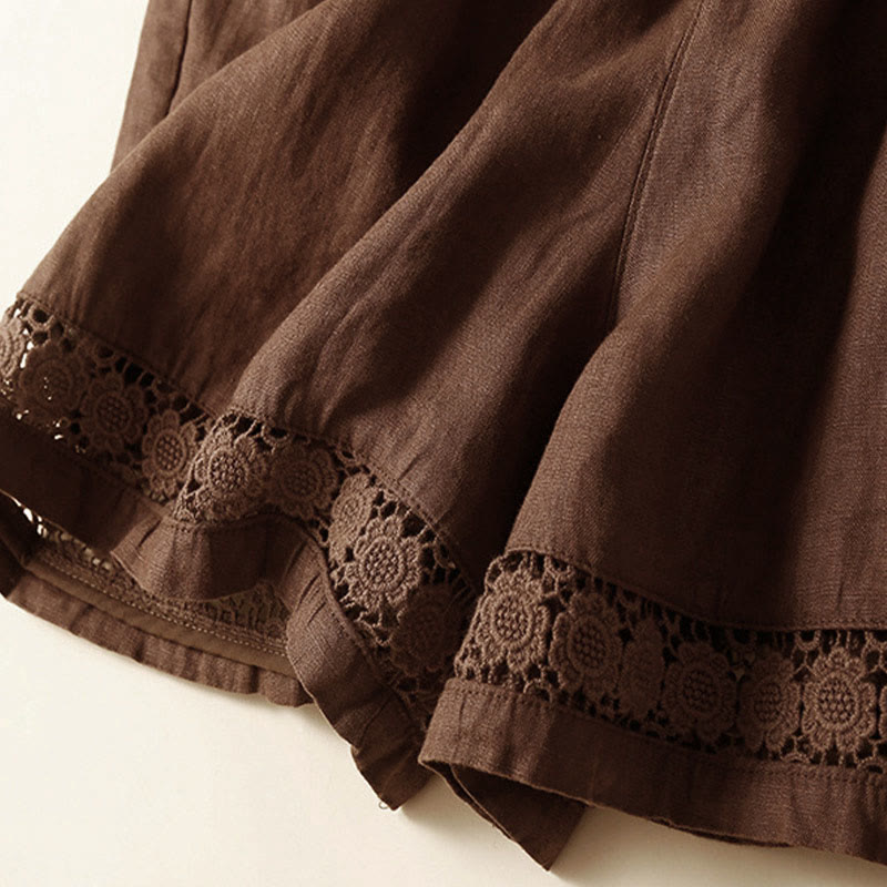 Buddha Stones Plain Color Bottom Hollow Lace Design Lace-up Cotton Women's Shorts With Pockets