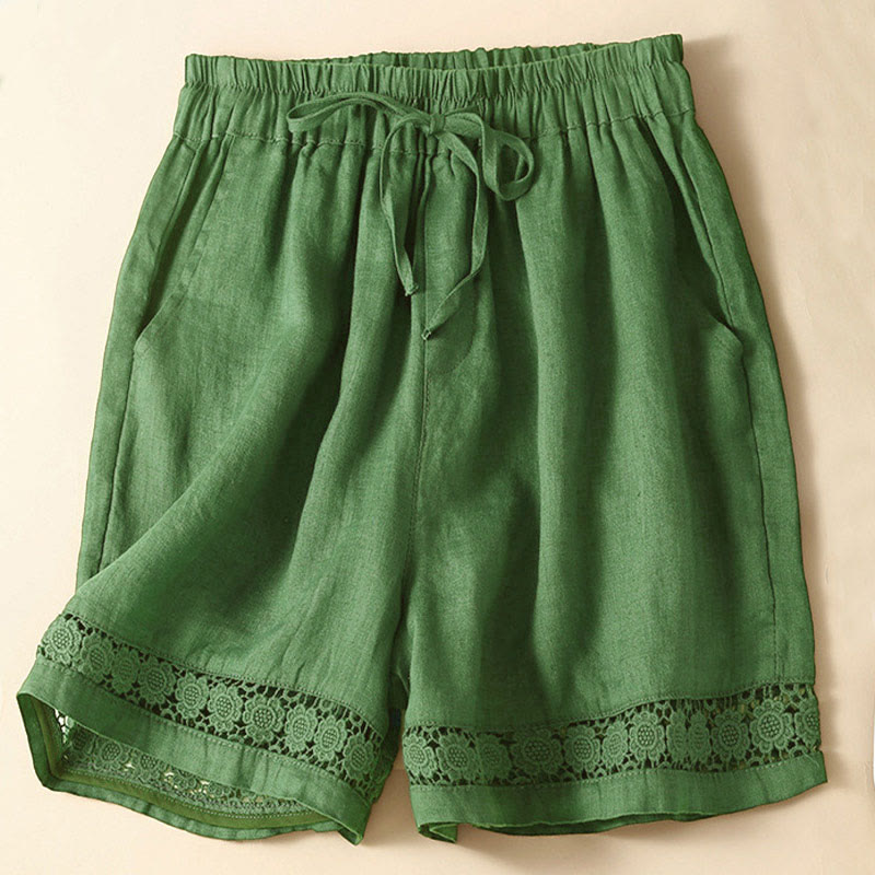 Buddha Stones Plain Color Bottom Hollow Lace Design Lace-up Cotton Women's Shorts With Pockets