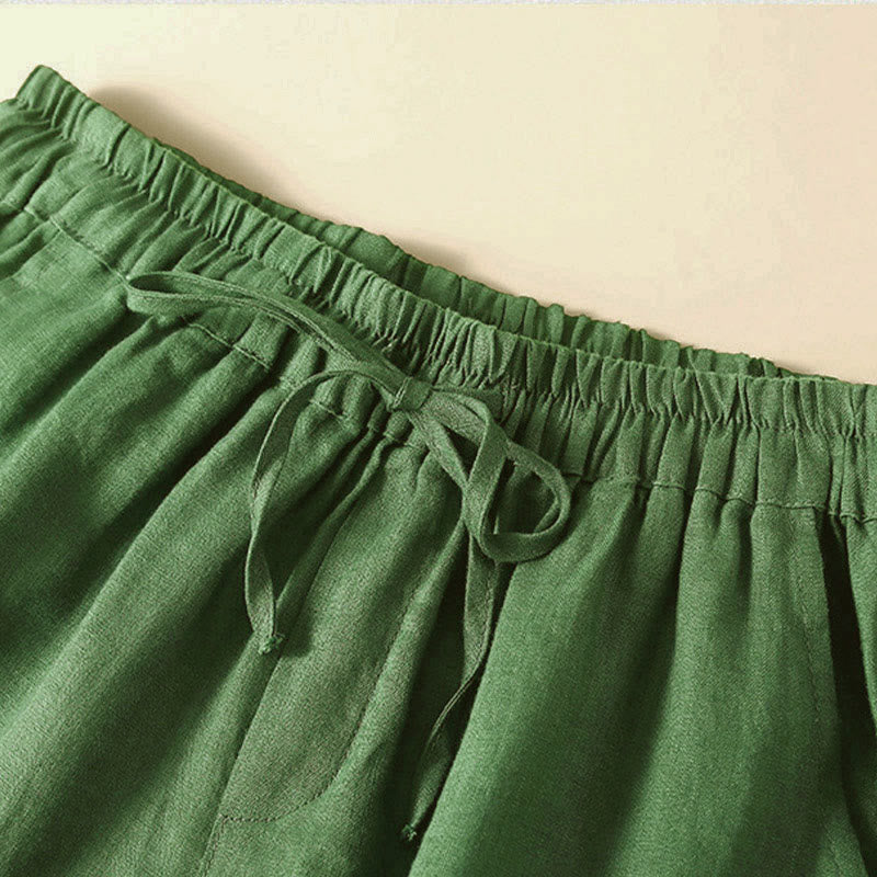 Buddha Stones Plain Color Bottom Hollow Lace Design Lace-up Cotton Women's Shorts With Pockets