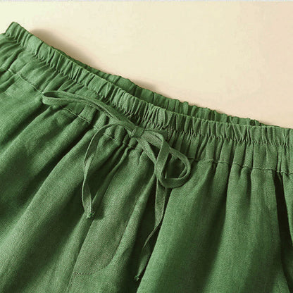 Buddha Stones Plain Color Bottom Hollow Lace Design Lace-up Cotton Women's Shorts With Pockets