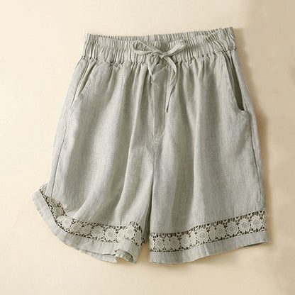 Buddha Stones Plain Color Bottom Hollow Lace Design Lace-up Cotton Women's Shorts With Pockets
