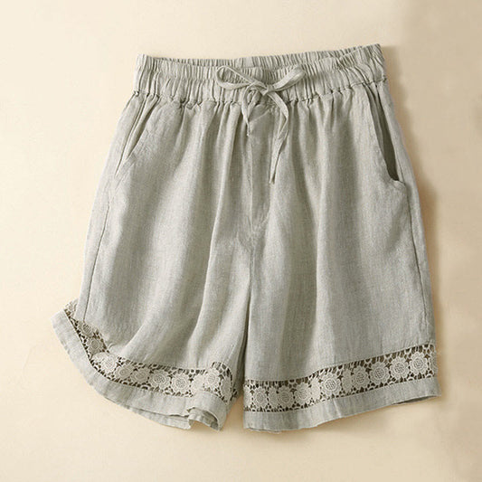 Buddha Stones Plain Color Bottom Hollow Lace Design Lace-up Cotton Women's Shorts With Pockets