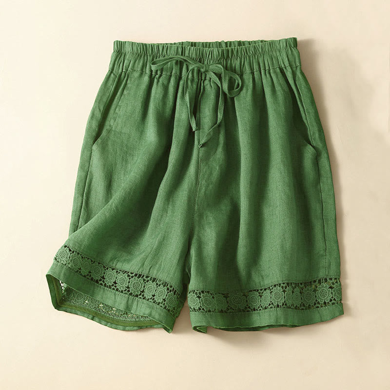 Buddha Stones Plain Color Bottom Hollow Lace Design Lace-up Cotton Women's Shorts With Pockets