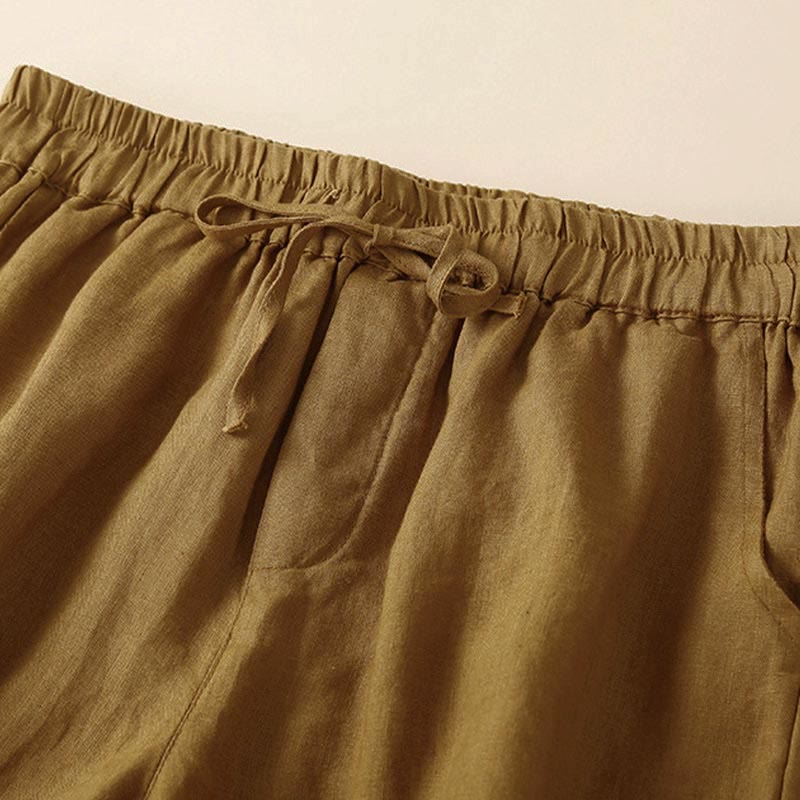 Buddha Stones Plain Color Bottom Hollow Lace Design Lace-up Cotton Women's Shorts With Pockets