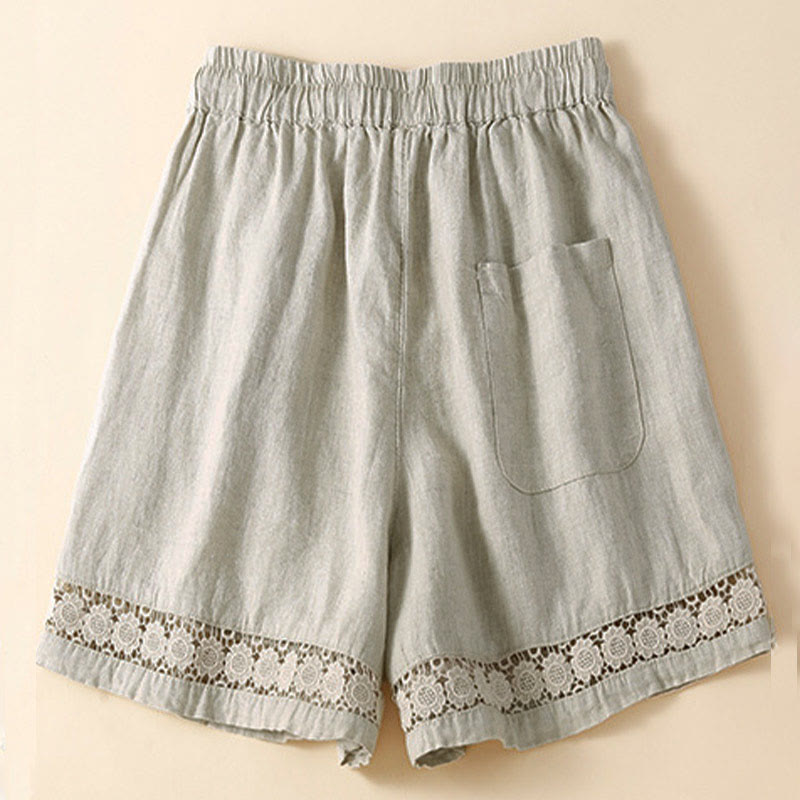 Buddha Stones Plain Color Bottom Hollow Lace Design Lace-up Cotton Women's Shorts With Pockets