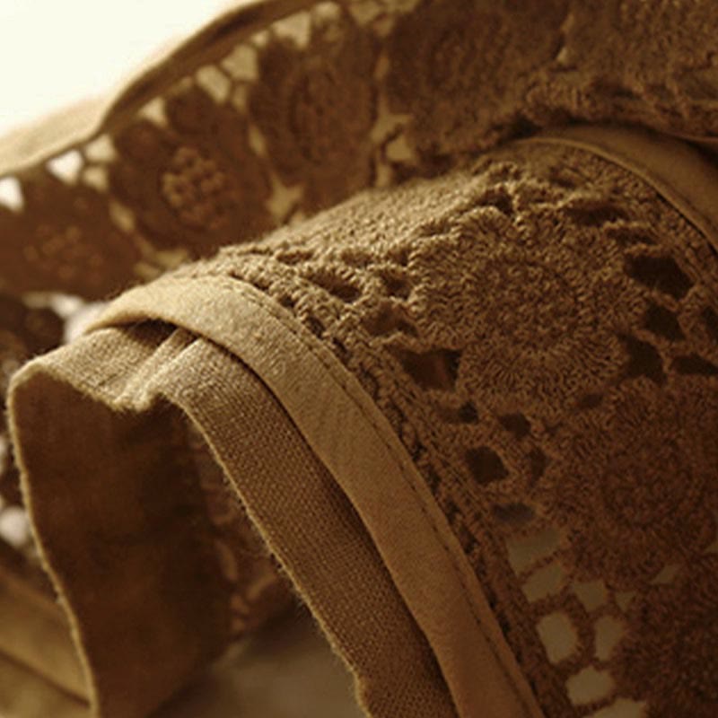 Buddha Stones Plain Color Bottom Hollow Lace Design Lace-up Cotton Women's Shorts With Pockets