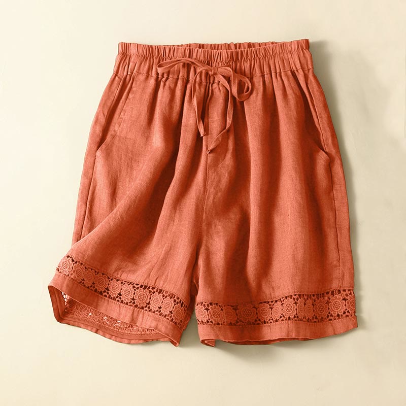 Buddha Stones Plain Color Bottom Hollow Lace Design Lace-up Cotton Women's Shorts With Pockets