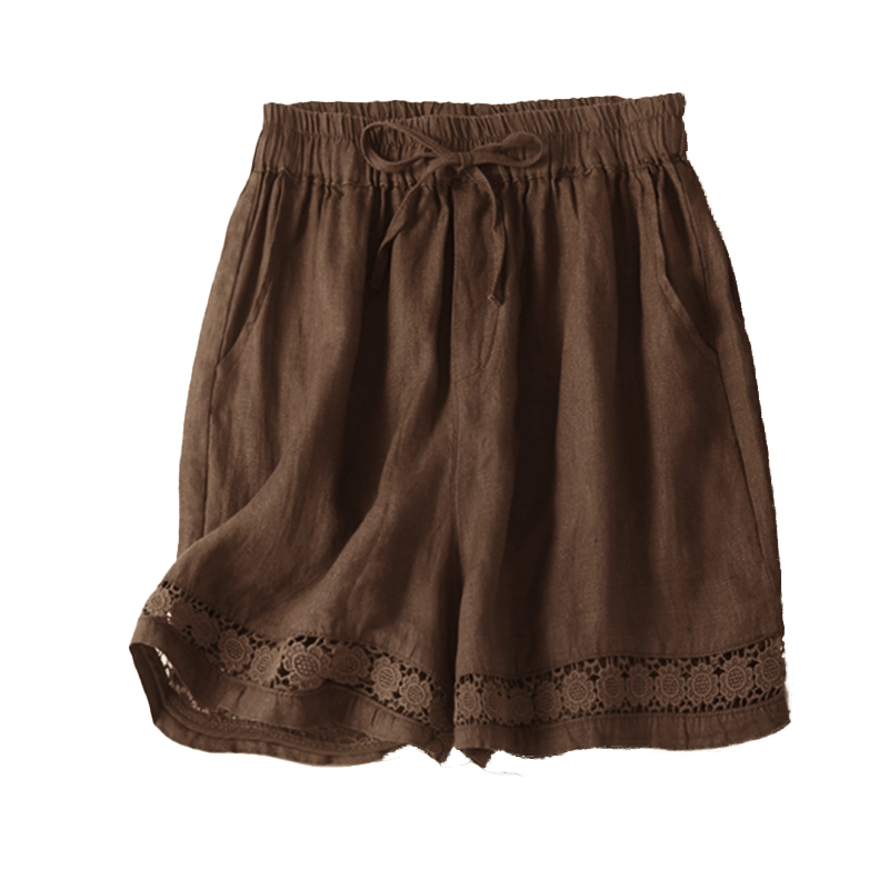 Buddha Stones Plain Color Bottom Hollow Lace Design Lace-up Cotton Women's Shorts With Pockets