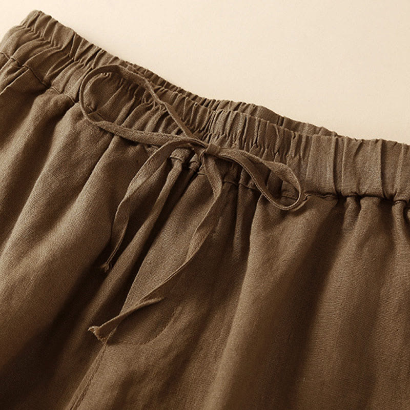 Buddha Stones Plain Color Bottom Hollow Lace Design Lace-up Cotton Women's Shorts With Pockets