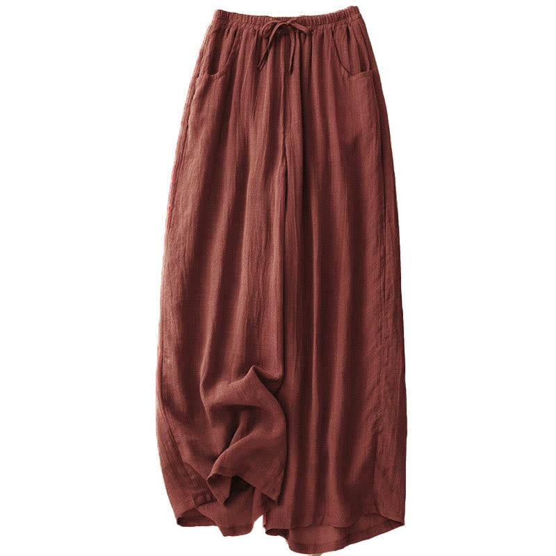 Buddha Stones Spring Pure Color Drawstring Double Layer Women's Wide Leg Pants With Pockets